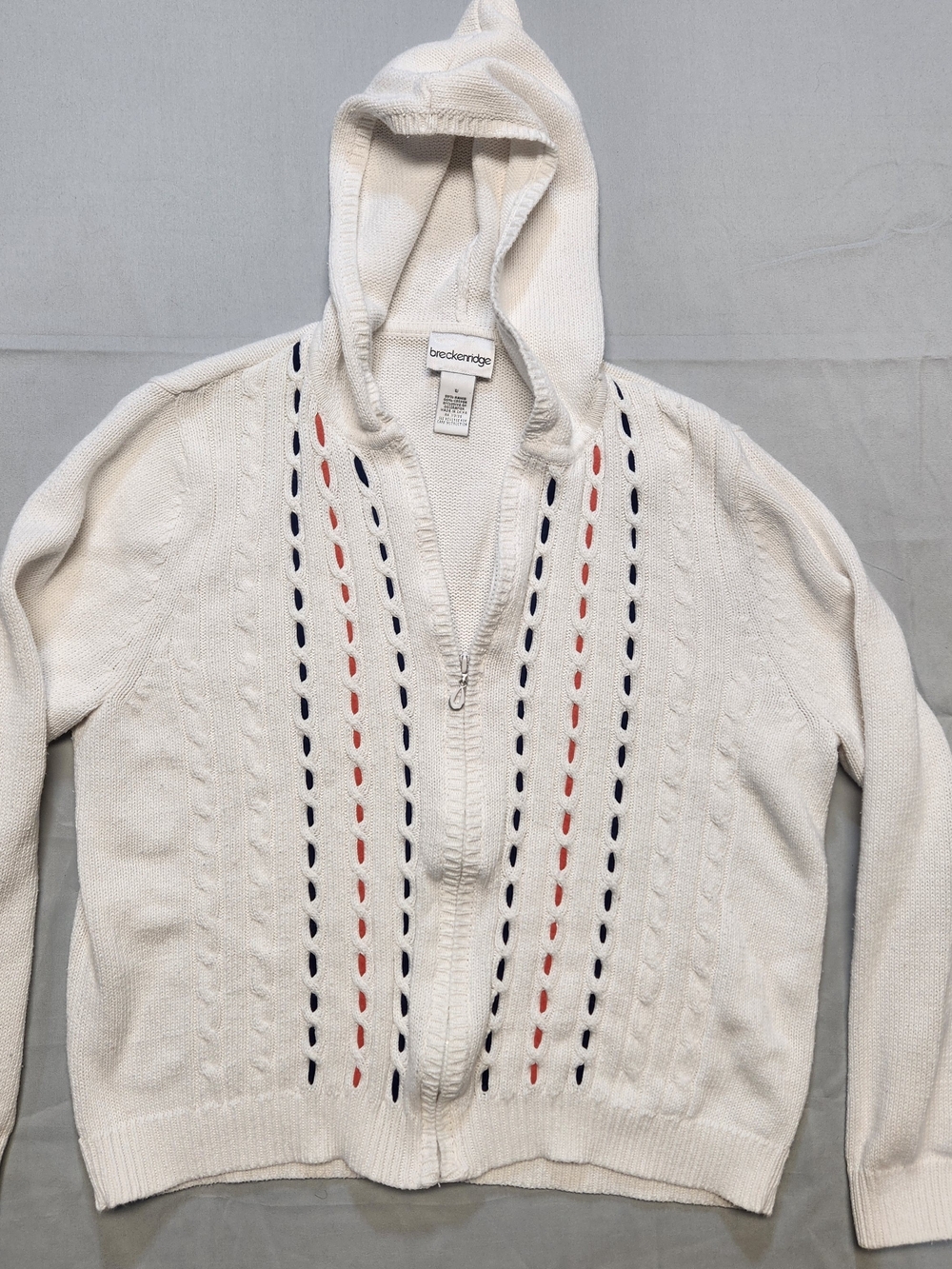 breckenridge Cream Hooded Zip Cardigan with Navy & Coral Accents